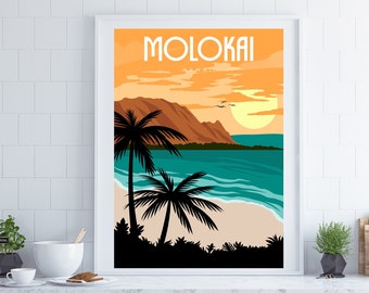 May include: A vintage-style travel poster featuring a sunset scene with palm trees and a beach on the island of Molokai, Hawaii.
