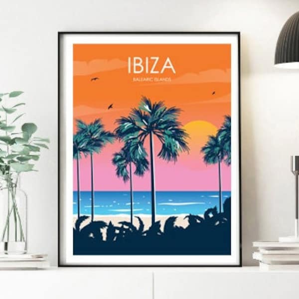 Cartel de viaje de Ibiza, Póster de viaje retro, Póster de viaje, Regalo de viaje, Regalo de Ibiza, Regalo de boda, Decoración de playa, Arte de pared costera