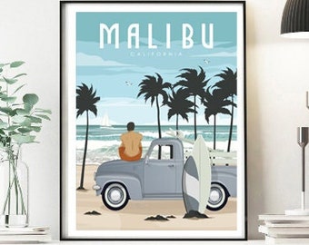 Malibu Poster, Malibu Travel Poster, California Poster, California Wall Art, Coastal Wall Art, Coastal Decor, Surf Poster, Surfing Gift