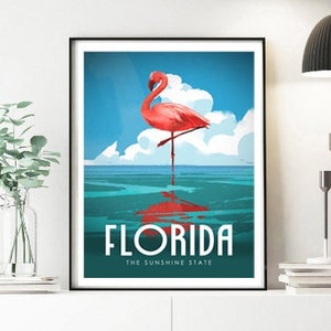 Florida Poster, Florida Wall Art, Retro Travel Poster, Travel Wall Art, Coastal Decor, Flamingo Poster, New Home Gift, Housewarming Gift