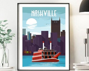 May include: A black framed poster with a colorful illustration of the Nashville skyline and a red paddleboat on the Cumberland River. The text "Nashville, Tennessee" is printed on the poster.