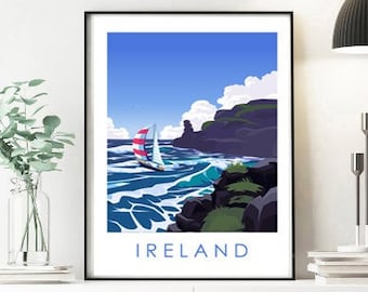 Irlanda, Póster de viaje a Irlanda, Regalo de Irlanda, Lámina de viaje, Arte mural para el hogar, Regalo de boda, Decoración costera, Póster de yate, Arte mural náutico