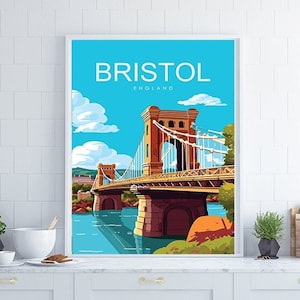 May include: A vintage travel poster featuring a colourful illustration of a suspension bridge over a river with the text "BRISTOL ENGLAND" at the top.