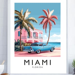 Póster de Miami, póster de Florida, póster retro de Miami, póster de viajes retro, póster de pared rosa preppy, arte vintage rosa de Florida, ambiente veraniego