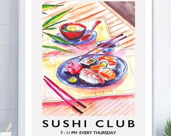 Póster de sushi, impresión de Breakfast Club, arte de pared de cocina, impresión de comida, póster japonés, impresión de cocina retro, regalo de inauguración de la casa, impresión de cocina divertida