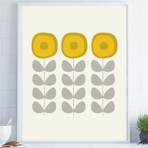 Mid Century Wall Art, Mid Century Modern Art, Retro Flower Print, Scandi Decor, Scandi Flower Print, Mustard Wall Art