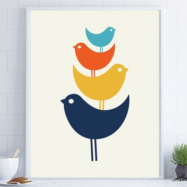 Impresión de aves modernas de mediados de siglo: arte mural geométrico retro