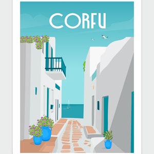 May include: A colorful illustration of a narrow street in Corfu, Greece. The street is lined with white buildings with blue doors and windows. There are potted plants with purple flowers and green leaves. The street leads to a view of the blue sea with a sailboat in the distance. The text "CORFU" is written in white letters on a blue background.