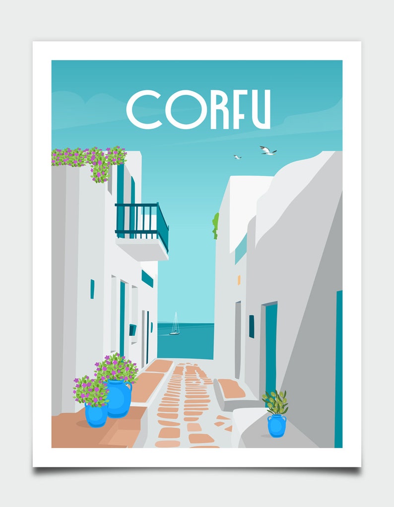 May include: A colorful illustration of a narrow street in Corfu, Greece. The street is lined with white buildings with blue doors and windows. There are potted plants with purple flowers and green leaves. The street leads to a view of the blue sea with a sailboat in the distance. The text "CORFU" is written in white letters on a blue background.