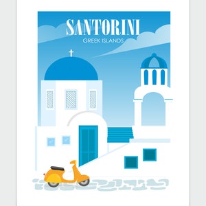 May include: A yellow scooter parked in front of a white building with a blue dome and a cross on top. The building has a blue door and windows. The text "SANTORINI GREEK ISLANDS" is at the top of the image.
