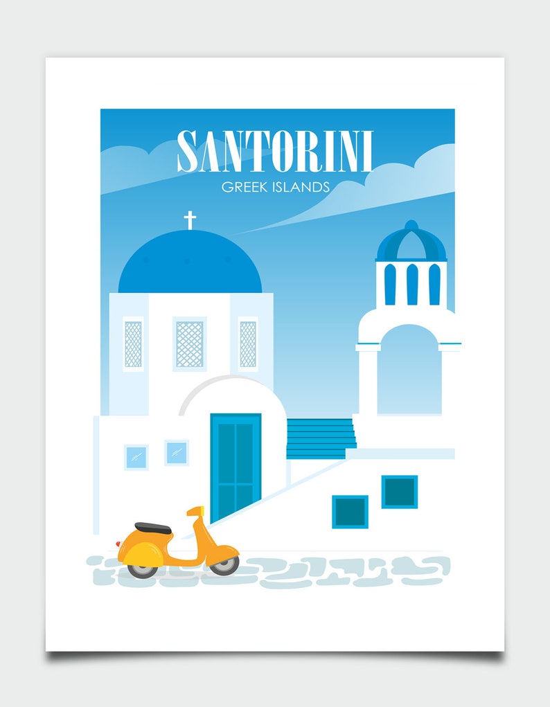 May include: A yellow scooter parked in front of a white building with a blue dome and a cross on top. The building has a blue door and windows. The text "SANTORINI GREEK ISLANDS" is at the top of the image.