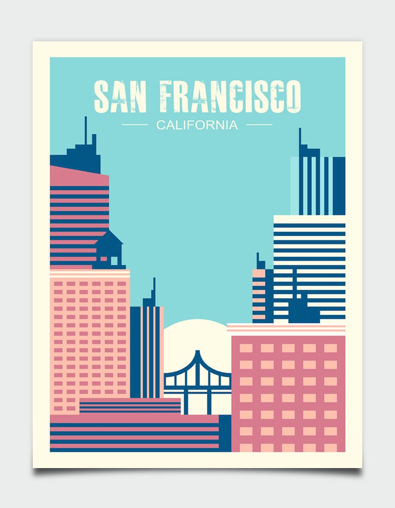 May include: A retro-style illustration of the San Francisco skyline, featuring iconic buildings in pink and blue against a light blue sky. The text "SAN FRANCISCO - CALIFORNIA" is at the top of the image.