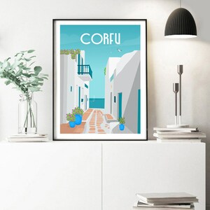 May include: A colorful illustration of a narrow street in Corfu, Greece. The street is lined with white buildings and has a blue sky and sea in the background. The text "CORFU" is at the top of the image.