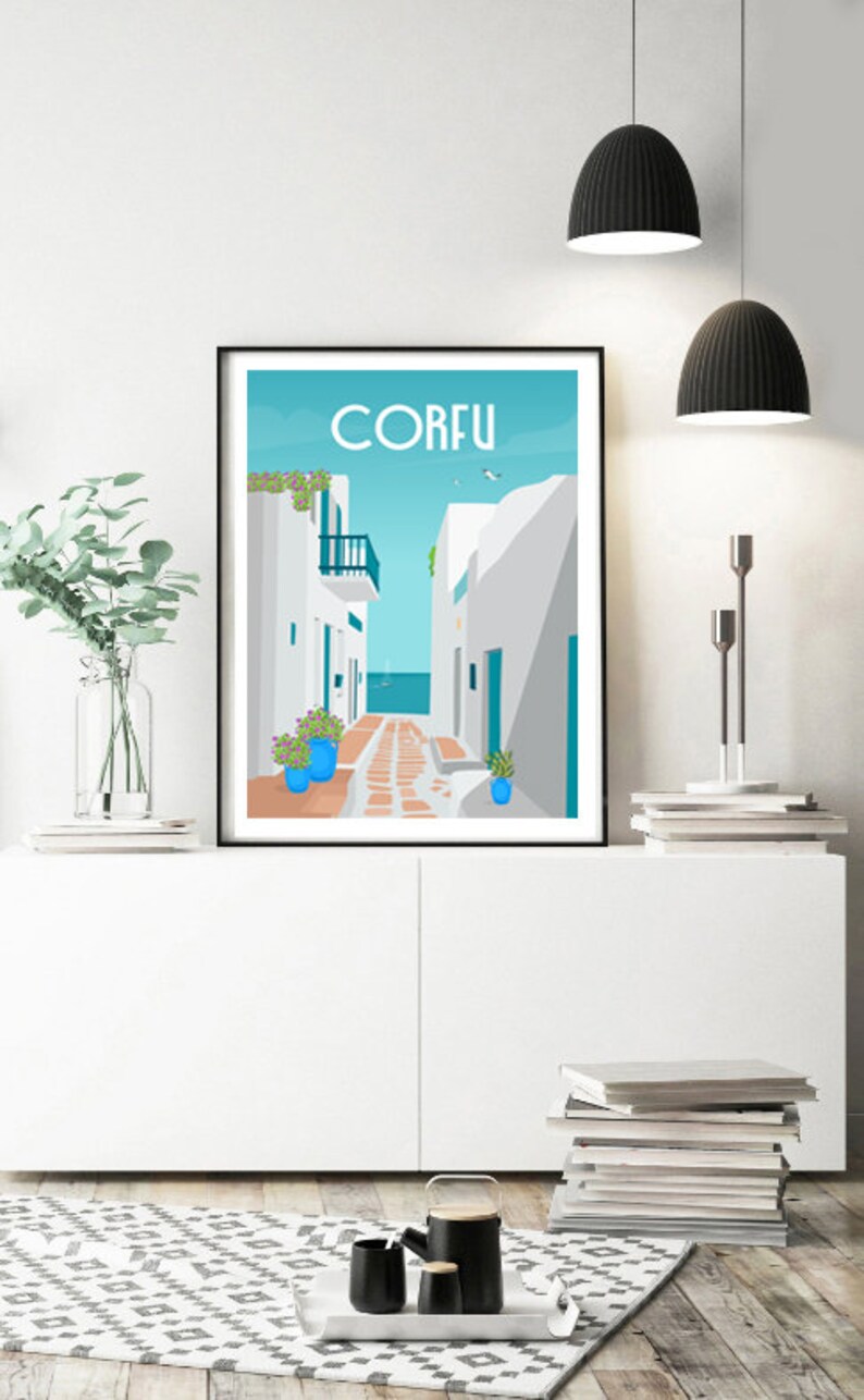 May include: A colorful illustration of a narrow street in Corfu, Greece. The street is lined with white buildings and has a blue sky and sea in the background. The text "CORFU" is at the top of the image.