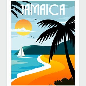 Puede incluir: Un cartel de viaje retro con la palabra "Jamaica" en texto blanco sobre un fondo de cielo azul. El cartel presenta una palmera, un velero en un oc&eacute;ano azul y una playa de arena amarilla.