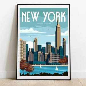 May include: A vintage travel poster with a blue, green, and white color scheme featuring a skyline of New York City with the Empire State Building in the center. The text "NEW YORK" is in bold white letters at the top of the poster and "UNITED STATES" is in smaller white letters below.