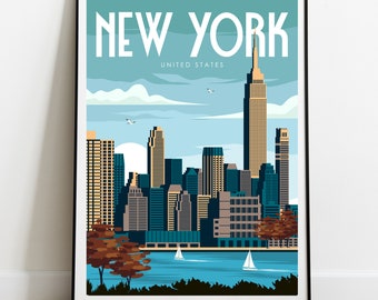 New York Poster, New York Travel Poster, United States Poster, Travel Wall Art, Retro Wall Art, Housewarming Gift, Large Wall Art