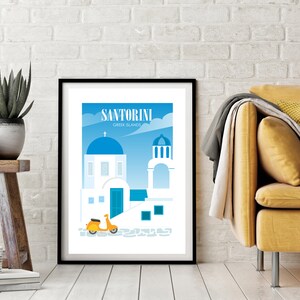 May include: A colorful illustration of a white building with a blue dome, a yellow scooter, and the text "SANTORINI GREEK ISLANDS" in a black frame.