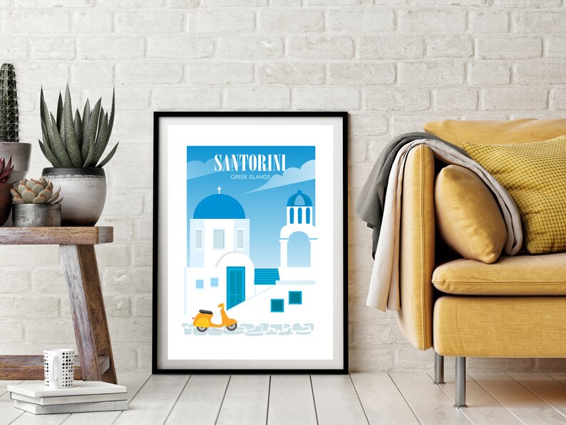 May include: A colorful illustration of a white building with a blue dome, a yellow scooter, and the text "SANTORINI GREEK ISLANDS" in a black frame.