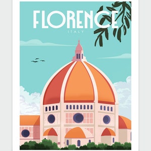 Może przedstawiać: Winietkowy plakat podr&oacute;żniczy przedstawiający kolorową ilustrację Duomo we Florencji we Włoszech. Plakat ma niebieskie niebo z białymi chmurami i zieloną, liściastą gałąź w prawym g&oacute;rnym rogu. Tekst "FLORENCJA WŁOCHY" jest białymi literami w g&oacute;rnej części plakatu.