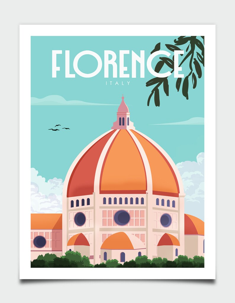 Może przedstawiać: Winietkowy plakat podr&oacute;żniczy przedstawiający kolorową ilustrację Duomo we Florencji we Włoszech. Plakat ma niebieskie niebo z białymi chmurami i zieloną, liściastą gałąź w prawym g&oacute;rnym rogu. Tekst "FLORENCJA WŁOCHY" jest białymi literami w g&oacute;rnej części plakatu.