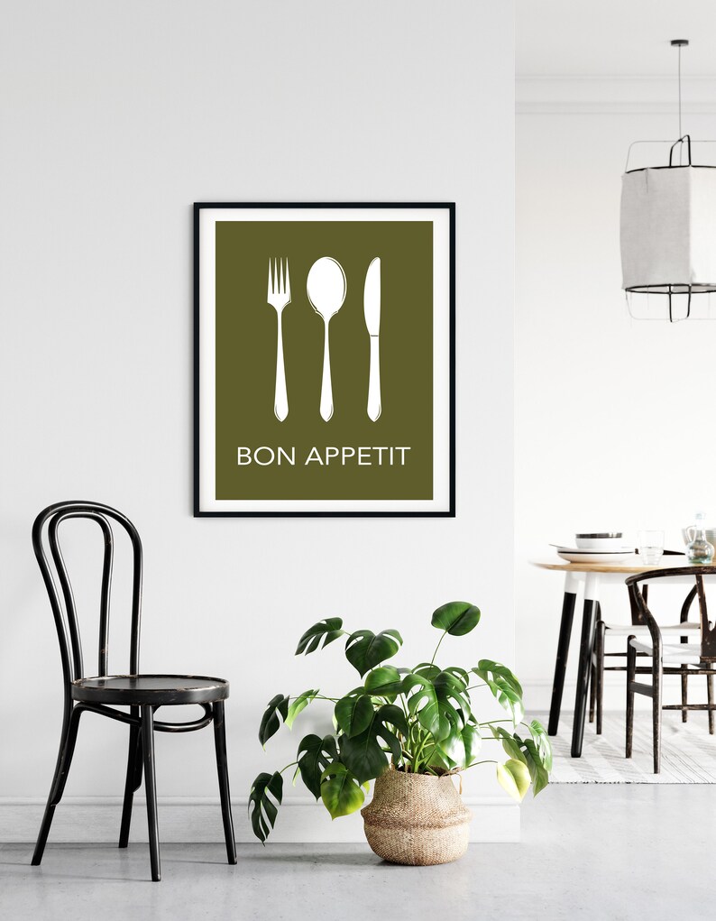retro wall art breakfast room decor kitchen art kitchen wall art bon apettit poster cutlery print kitchen print yellow wall art