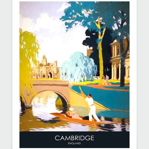 Cartel de viaje de Cambridge, cartel de viaje retro, recuerdo de Cambridge, impresión punting, impresión de cam de río, Universidad de Cambridge, cartel de viaje imagen 2