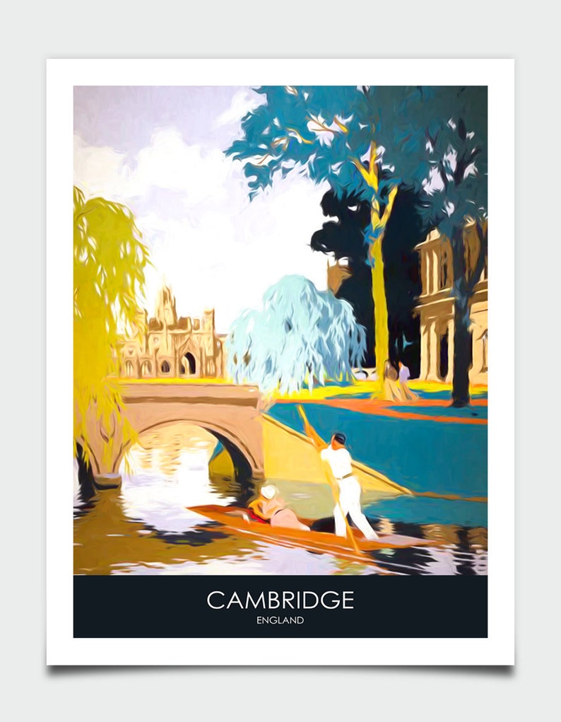 Cartel de viaje de Cambridge, cartel de viaje retro, recuerdo de Cambridge, impresión punting, impresión de cam de río, Universidad de Cambridge, cartel de viaje imagen 2
