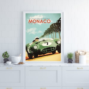 May include: A vintage poster advertising the 16th Grand Prix Automobile Monaco, held on May 18, 1958. The poster features a green race car with a driver in a white helmet, speeding down a road lined with palm trees.