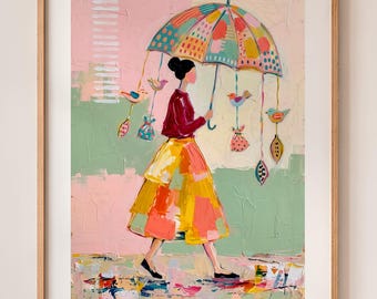 Whimsical Umbrella Girl Print, Colourful Wall Art, Playful Woman Poster, Boho Art Print, Colourful Home Decor