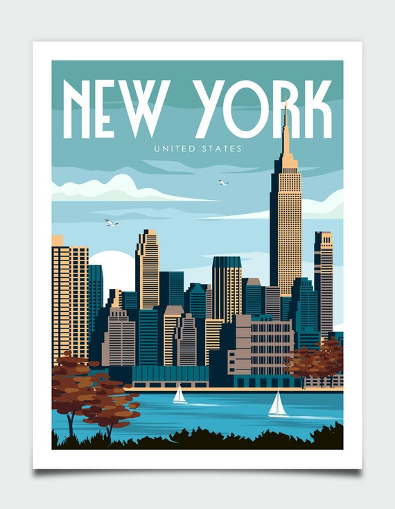 Affiche de New York, Affiche de voyage de New York, Affiche des États-Unis,  Art mural de voyage, Art mural rétro, Cadeau de pendaison de crémaillère,  Grand art mural -  France