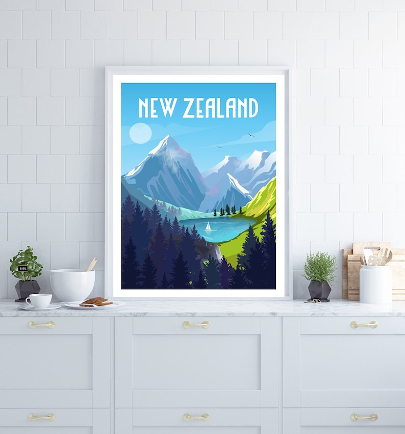 New Zealand Poster, New Zealand Wall Art, Coastal Wall Art, Travel Wall Art, Travel Poster, Retro Travel Poster, New Zealand Gift bild 1