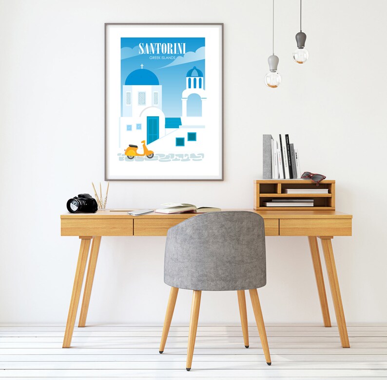 May include: A minimalist poster with a blue and white illustration of a building in Santorini, Greece. The poster features a yellow scooter and the text "Santorini Greek Islands".