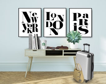 Arte imprimible, decoración de pared escandinava, póster de Nueva York, póster de París, póster de Londres, arte en blanco y negro, decoración de pared moderna
