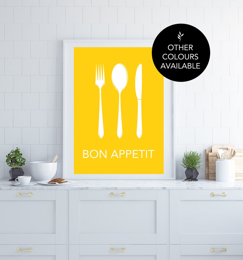 retro wall art breakfast room decor kitchen art kitchen wall art bon apettit poster cutlery print kitchen print yellow wall art