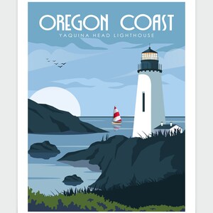 May include: A vintage travel poster featuring a white lighthouse with a black roof against a blue sky and ocean. The text "OREGON COAST" and "YAQUINA HEAD LIGHTHOUSE" is displayed in a retro font.