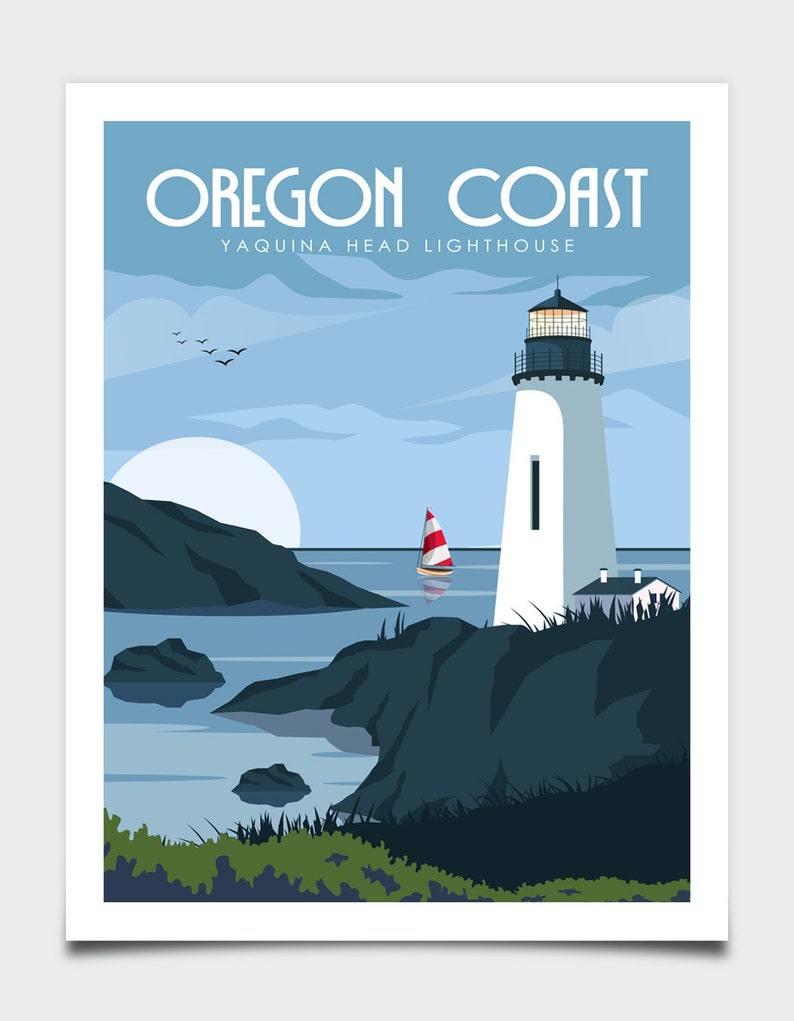 May include: A vintage travel poster featuring a white lighthouse with a black roof against a blue sky and ocean. The text "OREGON COAST" and "YAQUINA HEAD LIGHTHOUSE" is displayed in a retro font.