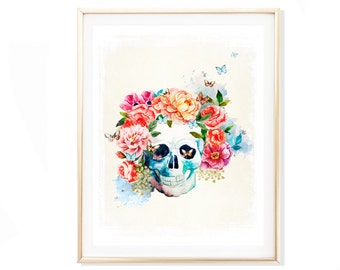 Floral Skull Watercolor Art Print: Gothic Wall Decor