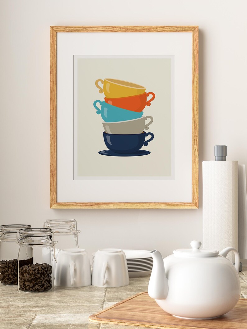 for the tea kitchen print | unique wall art from... Retro Kitchen Wall Art, Kitchen Wall Art, Tea Cups, Tea Print, Kitchen ...