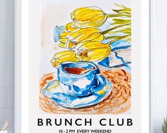 Arte de pared para cocina, impresión del club del desayuno, póster del club del brunch, impresión de comida, póster de café, impresión de cocina retro