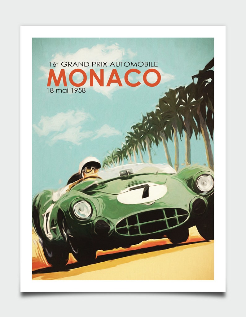 May include: A vintage poster for the 16th Grand Prix Automobile de Monaco, held on May 18, 1958. The poster features a green race car with a driver in a white helmet, driving through a palm tree lined road.
