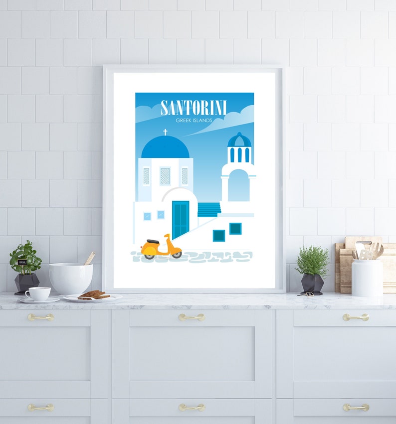 May include: A white and blue illustration of a Santorini, Greece cityscape with a yellow scooter in the foreground. The text "Santorini Greek Islands" is at the top of the image.