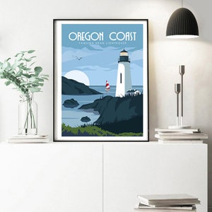 May include: A vintage-style poster featuring a lighthouse on the Oregon Coast. The poster is titled "Oregon Coast" with the text "Tequina Head Lighthouse" below. The poster is framed in black and has a white background.