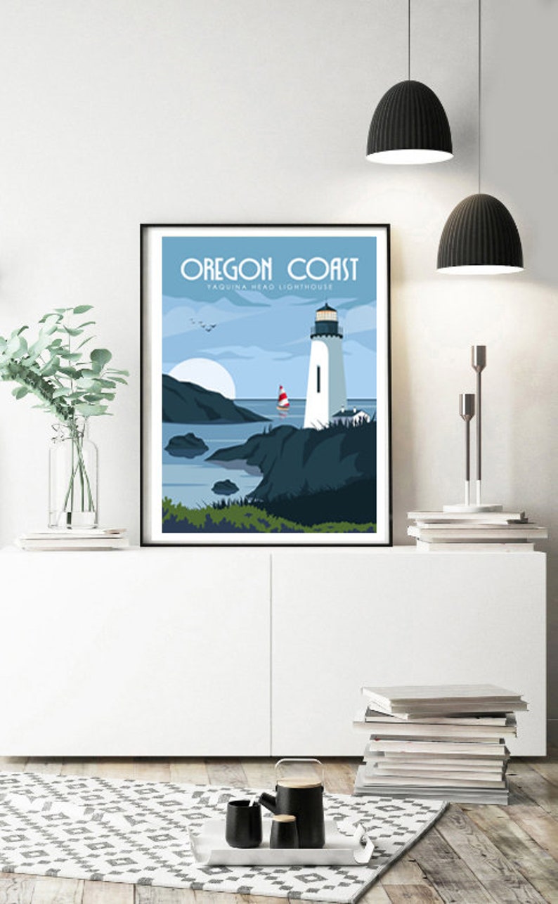 May include: A vintage-style poster featuring a lighthouse on the Oregon Coast. The poster is titled "Oregon Coast" with the text "Tequina Head Lighthouse" below. The poster is framed in black and has a white background.