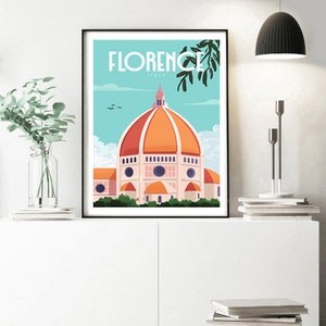 Może przedstawiać: Czarny plakat w ramie z niebieskim i białym tłem przedstawiający rysunkową ilustrację Duomo we Florencji we Włoszech. Plakat zawiera napis "FLORENCE ITALY" u g&oacute;ry.