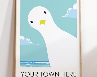 Lámina artística costera personalizable de gaviota: decoración divertida para casa de playa