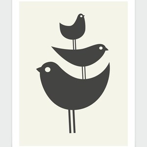 Pu&ograve; includere: Un'illustrazione in bianco e nero di tre uccelli stilizzati appollaiati uno sopra l'altro. Gli uccelli sono tutti rivolti verso il lato destro dell'immagine.