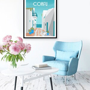 May include: A colorful illustration of a narrow street in Corfu, Greece. The street is lined with white buildings with blue doors and windows. The buildings have balconies and potted plants. The street is paved with red tiles and leads to a view of the sea.