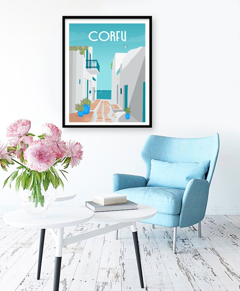 May include: A colorful illustration of a narrow street in Corfu, Greece. The street is lined with white buildings with blue doors and windows. The buildings have balconies and potted plants. The street is paved with red tiles and leads to a view of the sea.