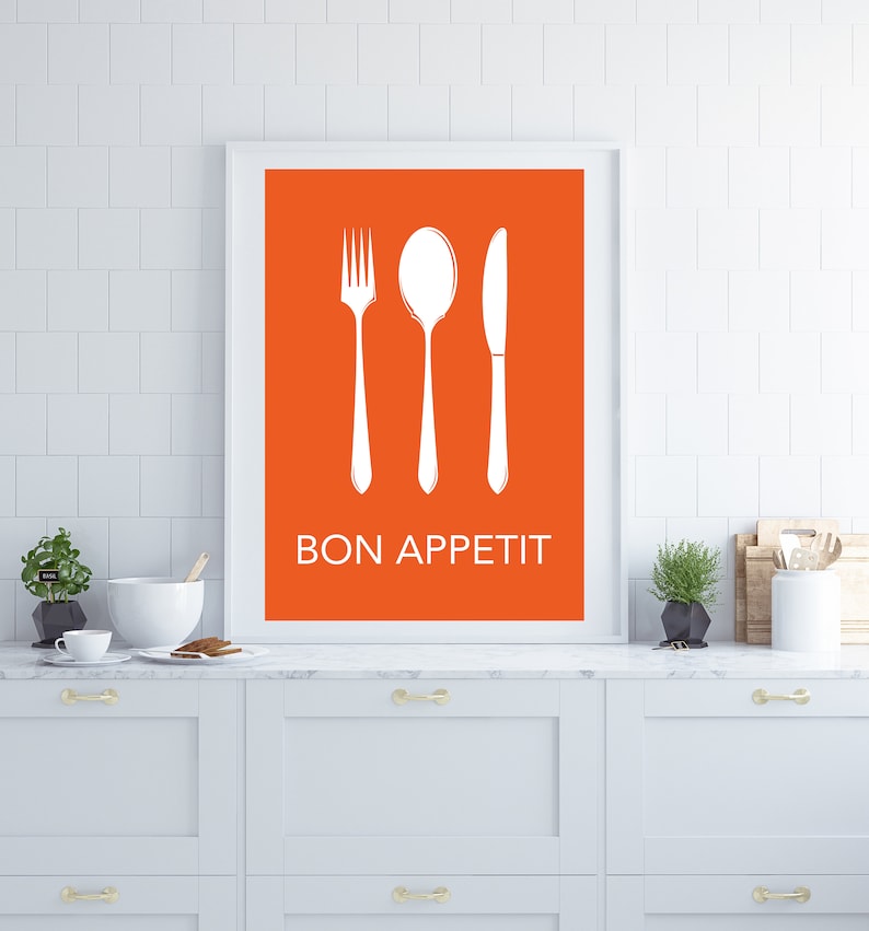 retro wall art breakfast room decor kitchen art kitchen wall art bon apettit poster cutlery print kitchen print yellow wall art